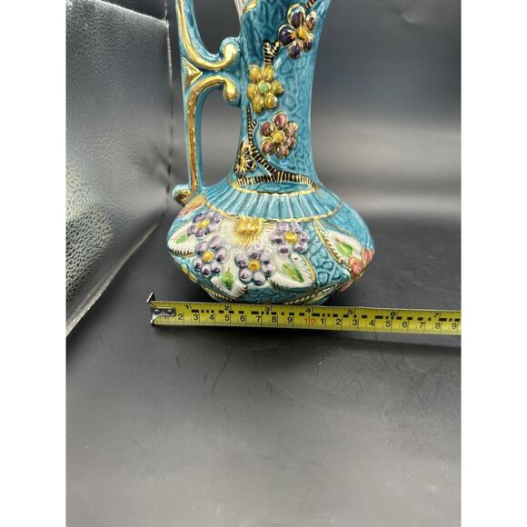 H Bequet Quaregnon Hand Painted Blue Gold Trim Pitcher Vase Belgium Anemone - Picture 10 of 10